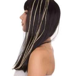 HPO Egyptian Princess Womens Wig | Gold Striped Long Black MId Eastern Queen Halloween Wig | Premium Breathable Capless Cap