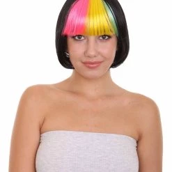 HPO Women's Pop Rainbow Bang Bob Womens Wig | Colorful Party Ready Fancy Cosplay Halloween Wig | Premium Breathable Capless Cap