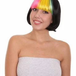 HPO Women's Pop Rainbow Bang Bob Womens Wig | Colorful Party Ready Fancy Cosplay Halloween Wig | Premium Breathable Capless Cap