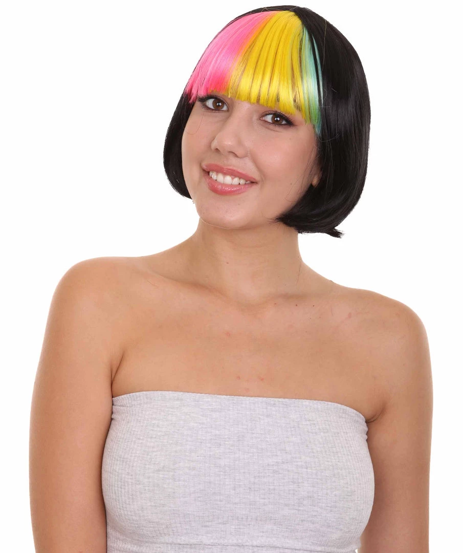 HPO Women's Pop Rainbow Bang Bob Womens Wig | Colorful Party Ready Fancy Cosplay Halloween Wig | Premium Breathable Capless Cap
