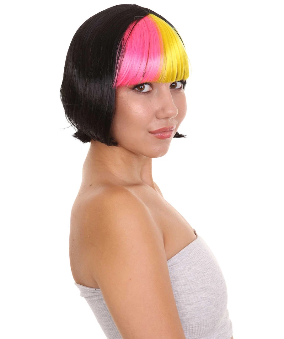 HPO Women's Pop Rainbow Bang Bob Womens Wig | Colorful Party Ready Fancy Cosplay Halloween Wig | Premium Breathable Capless Cap