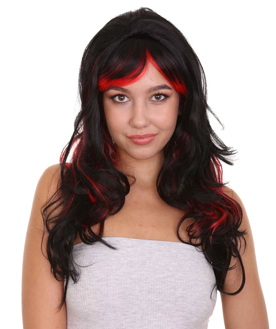 HPO Black & Red Seduction Womens Wig | Long Curly Fashion Cosplay Halloween Wig | Premium Breathable Capless Cap
