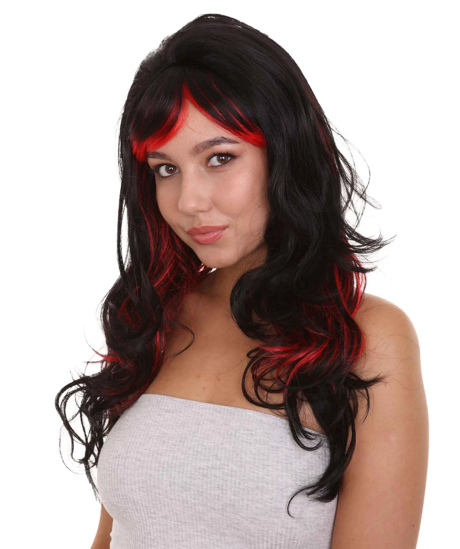 HPO Black & Red Seduction Womens Wig | Long Curly Fashion Cosplay Halloween Wig | Premium Breathable Capless Cap
