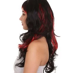 HPO Black & Red Seduction Womens Wig | Long Curly Fashion Cosplay Halloween Wig | Premium Breathable Capless Cap
