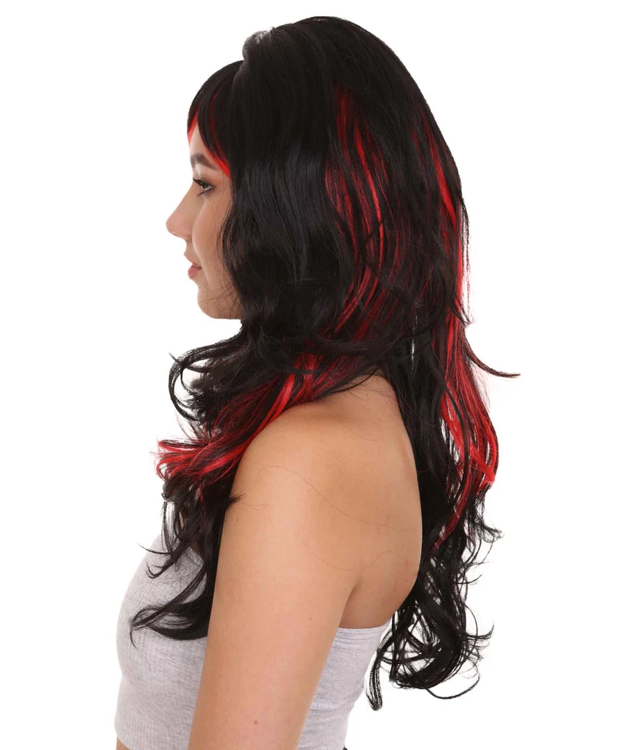 HPO Black & Red Seduction Womens Wig | Long Curly Fashion Cosplay Halloween Wig | Premium Breathable Capless Cap
