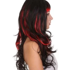 HPO Black & Red Seduction Womens Wig | Long Curly Fashion Cosplay Halloween Wig | Premium Breathable Capless Cap