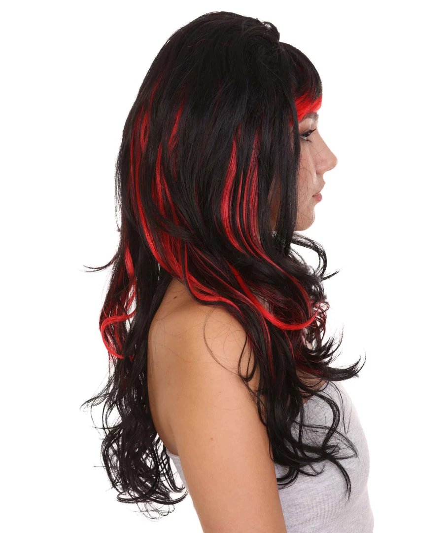 HPO Black & Red Seduction Womens Wig | Long Curly Fashion Cosplay Halloween Wig | Premium Breathable Capless Cap