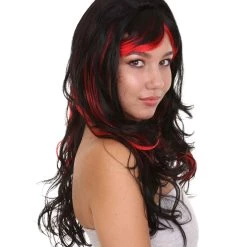 HPO Black & Red Seduction Womens Wig | Long Curly Fashion Cosplay Halloween Wig | Premium Breathable Capless Cap