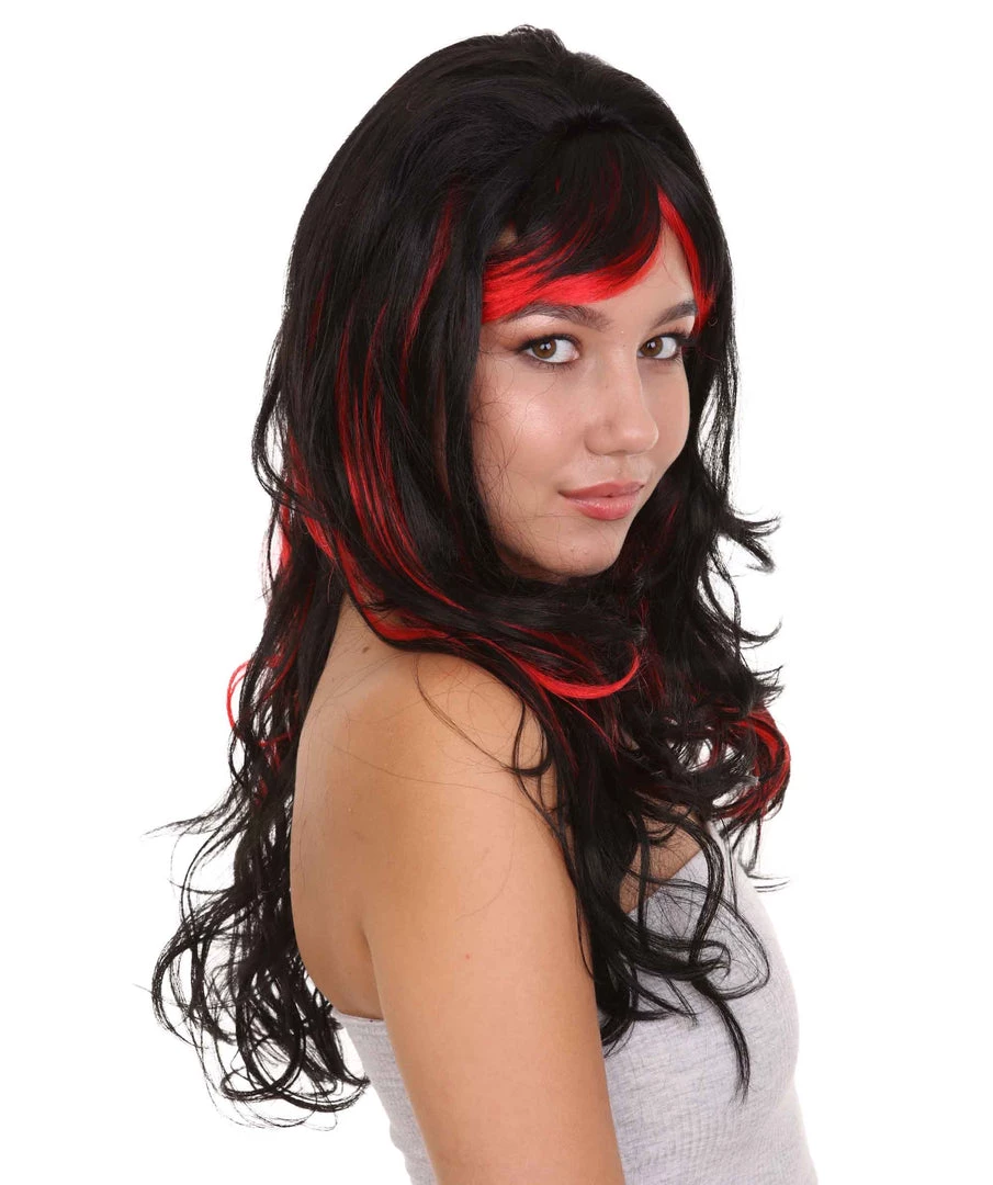 HPO Black & Red Seduction Womens Wig | Long Curly Fashion Cosplay Halloween Wig | Premium Breathable Capless Cap
