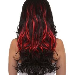 HPO Black & Red Seduction Womens Wig | Long Curly Fashion Cosplay Halloween Wig | Premium Breathable Capless Cap