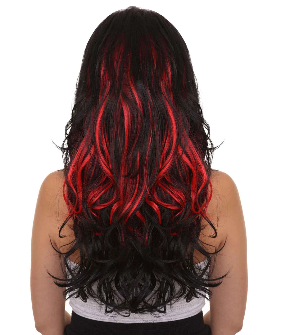 HPO Black & Red Seduction Womens Wig | Long Curly Fashion Cosplay Halloween Wig | Premium Breathable Capless Cap