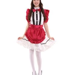 HPO Adult Women's Anime Cosplay French Maid Fancy Uniform Costume | Dark Red Cosplay Costume