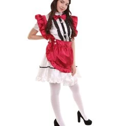 HPO Adult Women's Anime Cosplay French Maid Fancy Uniform Costume | Dark Red Cosplay Costume