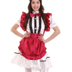 HPO Adult Women's Anime Cosplay French Maid Fancy Uniform Costume | Dark Red Cosplay Costume