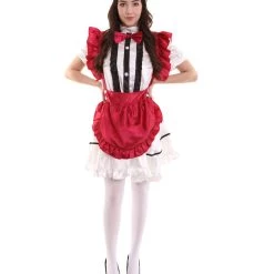 HPO Adult Women's Anime Cosplay French Maid Fancy Uniform Costume | Dark Red Cosplay Costume