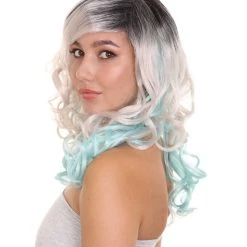 HPO Men's Long Wavy Grey And Blue Ombre Womens Wig | Fancy Party Event Ready Halloween Wig | Premium Breathable Capless Cap