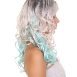 HPO Men's Long Wavy Grey And Blue Ombre Womens Wig | Fancy Party Event Ready Halloween Wig | Premium Breathable Capless Cap