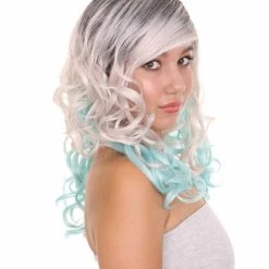 HPO Men's Long Wavy Grey And Blue Ombre Womens Wig | Fancy Party Event Ready Halloween Wig | Premium Breathable Capless Cap