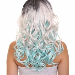 HPO Men's Long Wavy Grey And Blue Ombre Womens Wig | Fancy Party Event Ready Halloween Wig | Premium Breathable Capless Cap