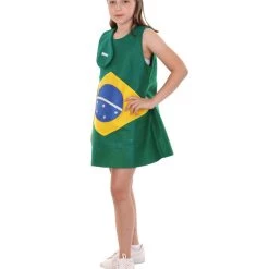 FLAGWIGS Child's Girl Brazilian Flag Troll Dress Costume | Patriotic Cosplay Costume
