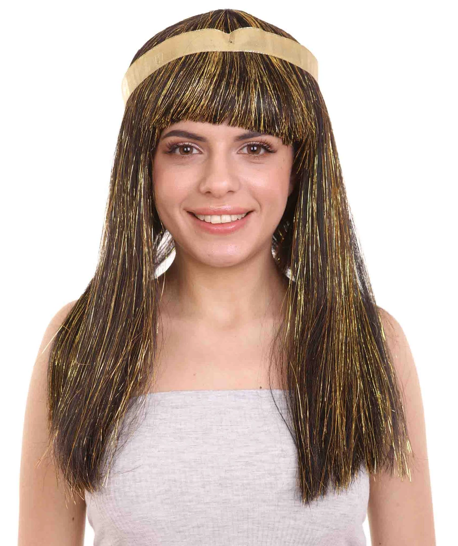 HPO Men's Deluxe Cleopatra Womens Wig | Gold Tinsel Character Cosplay Halloween Wig | Premium Breathable Capless Cap