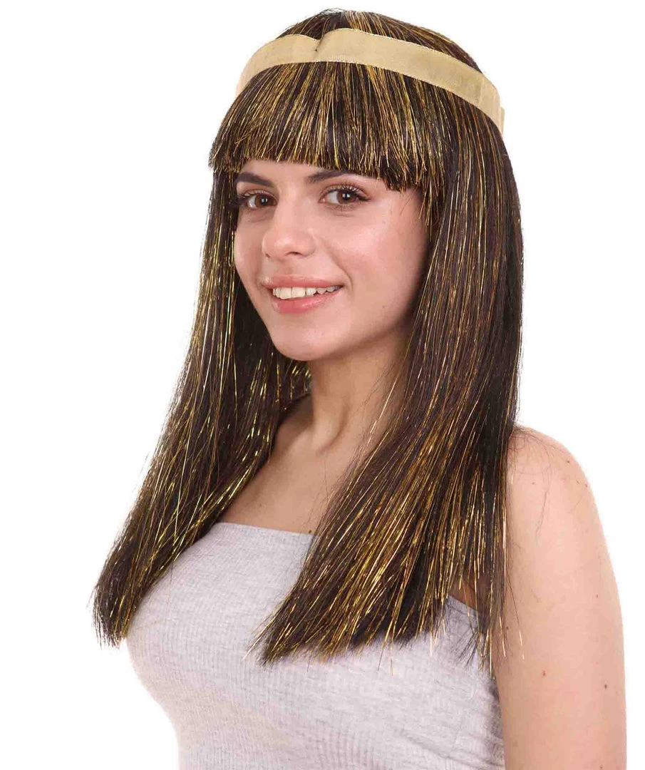HPO Men's Deluxe Cleopatra Womens Wig | Gold Tinsel Character Cosplay Halloween Wig | Premium Breathable Capless Cap