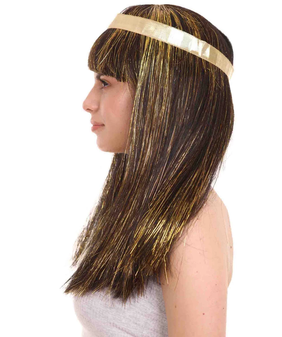 HPO Men's Deluxe Cleopatra Womens Wig | Gold Tinsel Character Cosplay Halloween Wig | Premium Breathable Capless Cap