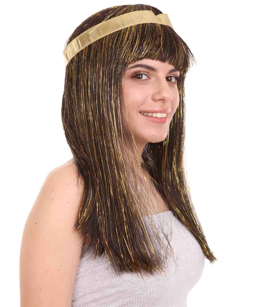 HPO Men's Deluxe Cleopatra Womens Wig | Gold Tinsel Character Cosplay Halloween Wig | Premium Breathable Capless Cap