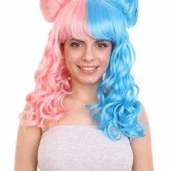 HPO Two Tone Pink & Blue Buns Womens Wig | Sexy Cosplay Party Halloween Wig | Premium Breathable Capless Cap Women's
