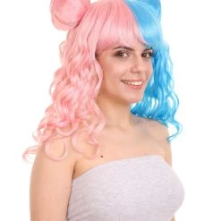 HPO Two Tone Pink & Blue Buns Womens Wig | Sexy Cosplay Party Halloween Wig | Premium Breathable Capless Cap Women's