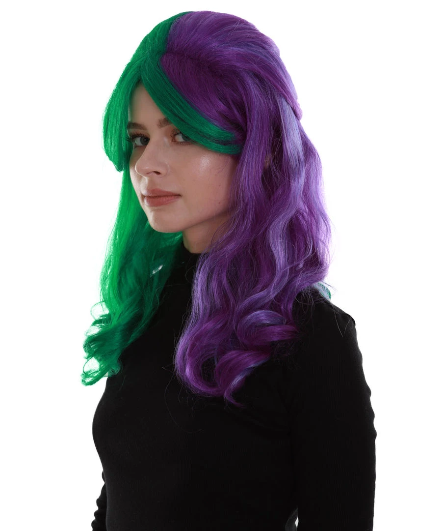 BC Women's Two Tone Green And Purple Color Wavy Medium Length Trendy Galactic Maiden Wig