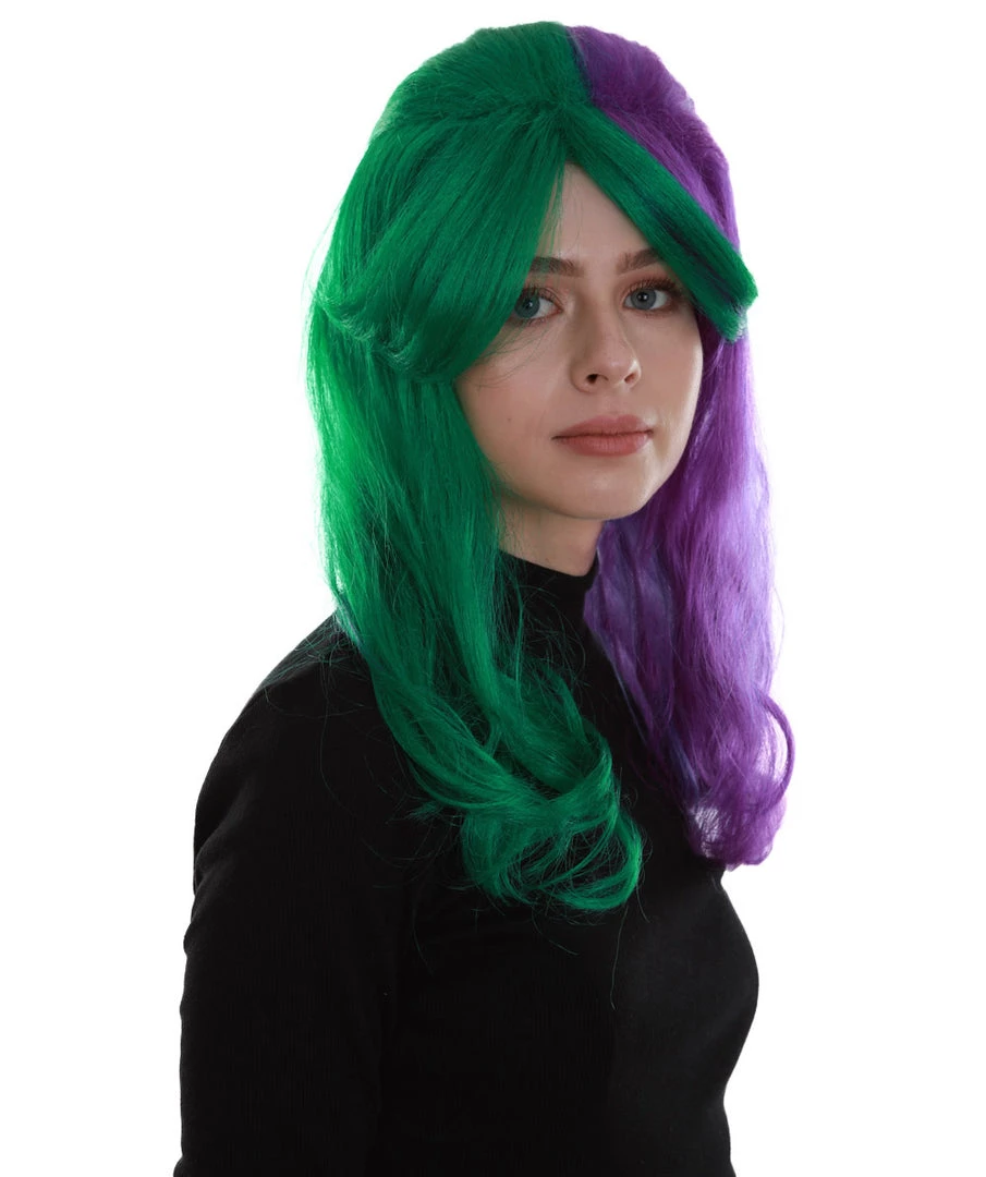 BC Women's Two Tone Green And Purple Color Wavy Medium Length Trendy Galactic Maiden Wig