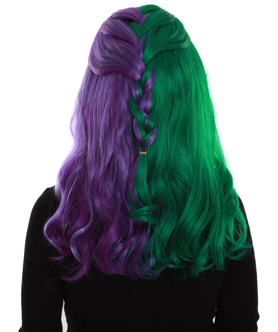 BC Women's Two Tone Green And Purple Color Wavy Medium Length Trendy Galactic Maiden Wig