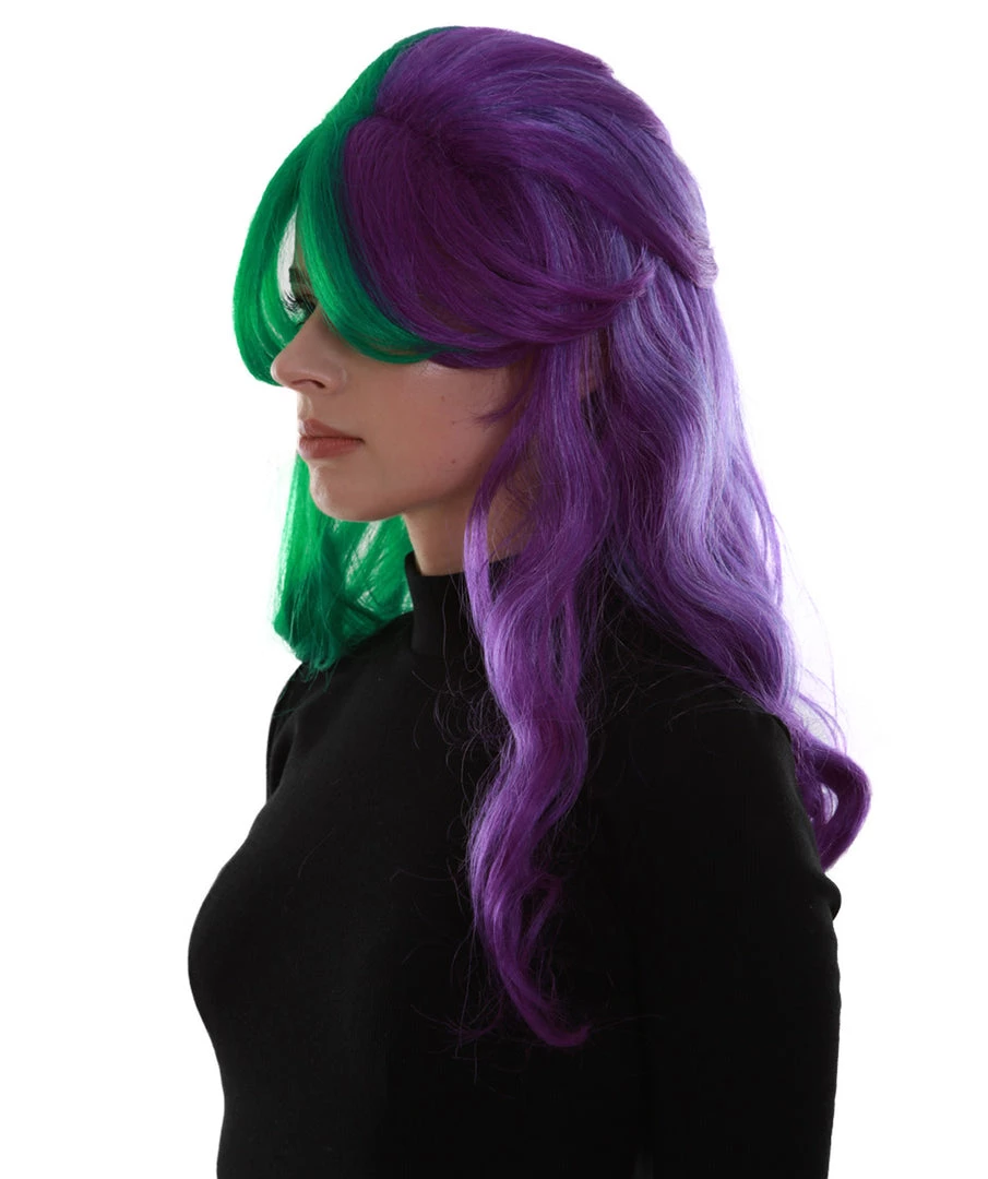 BC Women's Two Tone Green And Purple Color Wavy Medium Length Trendy Galactic Maiden Wig
