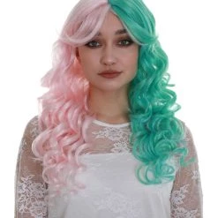 BC Women's Two Tone Green And Pink Color Curly Medium Length Trendy Calypso Wig