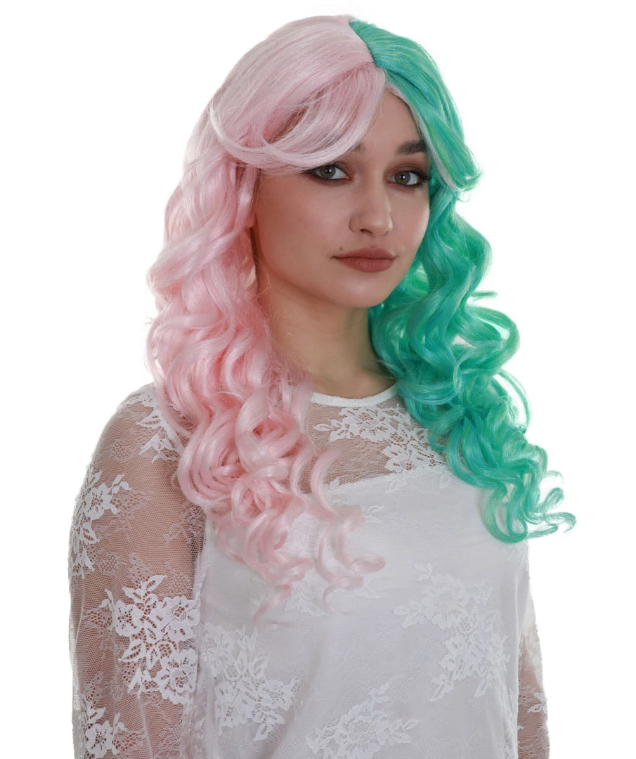 BC Women's Two Tone Green And Pink Color Curly Medium Length Trendy Calypso Wig