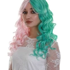 BC Women's Two Tone Green And Pink Color Curly Medium Length Trendy Calypso Wig