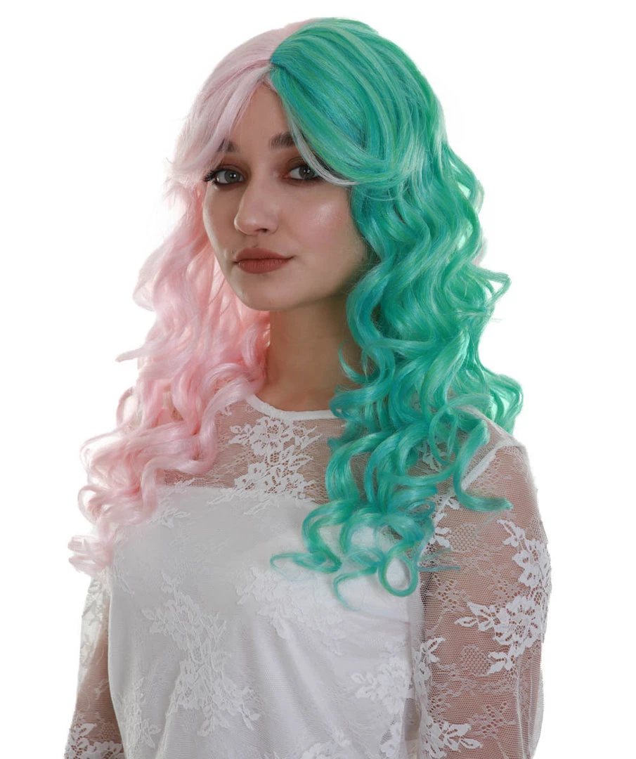BC Women's Two Tone Green And Pink Color Curly Medium Length Trendy Calypso Wig