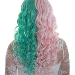 BC Women's Two Tone Green And Pink Color Curly Medium Length Trendy Calypso Wig