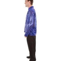 HPO Adult Men's 70's Disco Sequin Shirt Costume | Blue Vintage Cosplay Costume