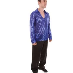 HPO Adult Men's 70's Disco Sequin Shirt Costume | Blue Vintage Cosplay Costume