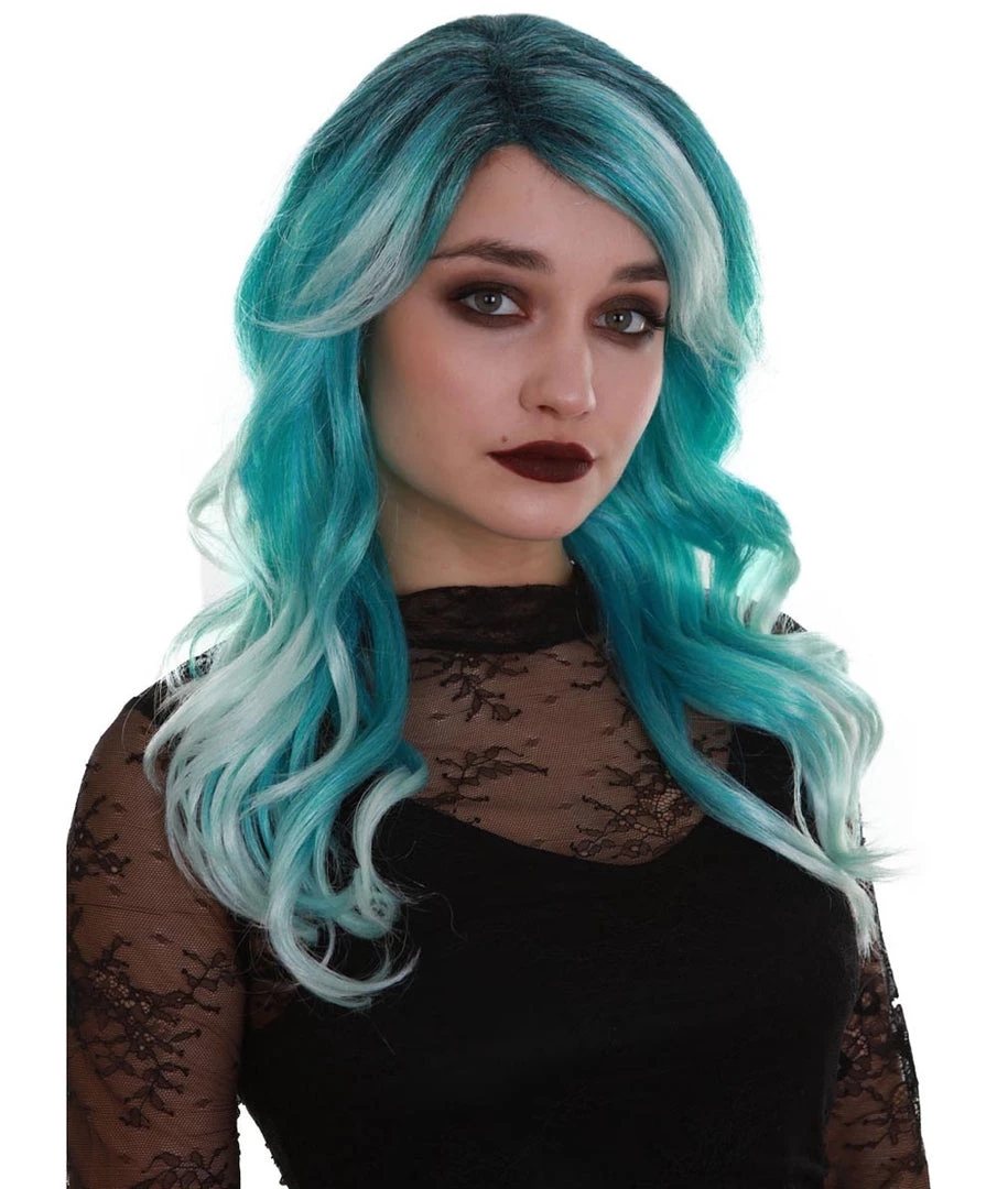 BC Women's Teal Color Wavy Medium Length Trendy Aquatic Princess Wig