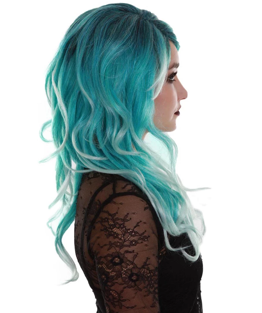 BC Women's Teal Color Wavy Medium Length Trendy Aquatic Princess Wig