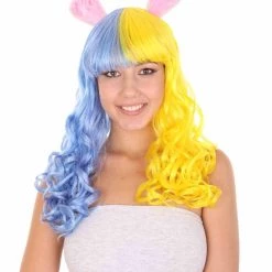 HPO Men's Womens Easter Bunny Blue & Yellow Long Wavy Party Wig | Colorful Character Cosplay Wig | Premium Breathable Capless Cap