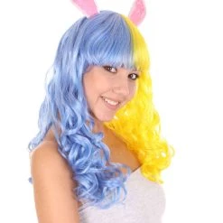 HPO Men's Womens Easter Bunny Blue & Yellow Long Wavy Party Wig | Colorful Character Cosplay Wig | Premium Breathable Capless Cap