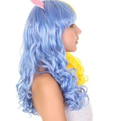 HPO Men's Womens Easter Bunny Blue & Yellow Long Wavy Party Wig | Colorful Character Cosplay Wig | Premium Breathable Capless Cap