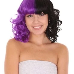 HPO Men's Adult Womens Medium Length Curly Wig Purple & Black | Fancy Event Ready Halloween Wig | Premium Breathable Capless Cap