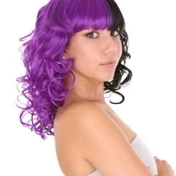 HPO Men's Adult Womens Medium Length Curly Wig Purple & Black | Fancy Event Ready Halloween Wig | Premium Breathable Capless Cap
