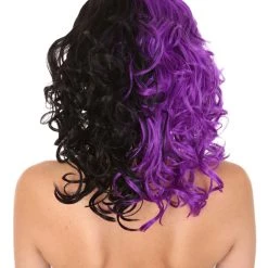 HPO Men's Adult Womens Medium Length Curly Wig Purple & Black | Fancy Event Ready Halloween Wig | Premium Breathable Capless Cap