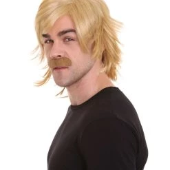 HPO 70's Disco Mens Wig & Mustache | Blonde Retro Wig | Premium Breathable Capless Cap Men's